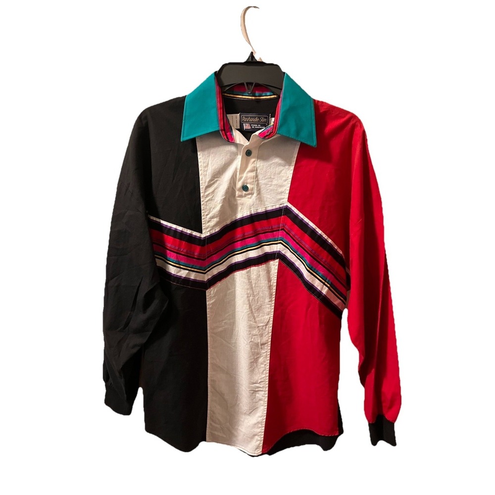 Vintage Panhandle Slim Shirt Black Multicolor Rainbow Sz M Western Shirt‎